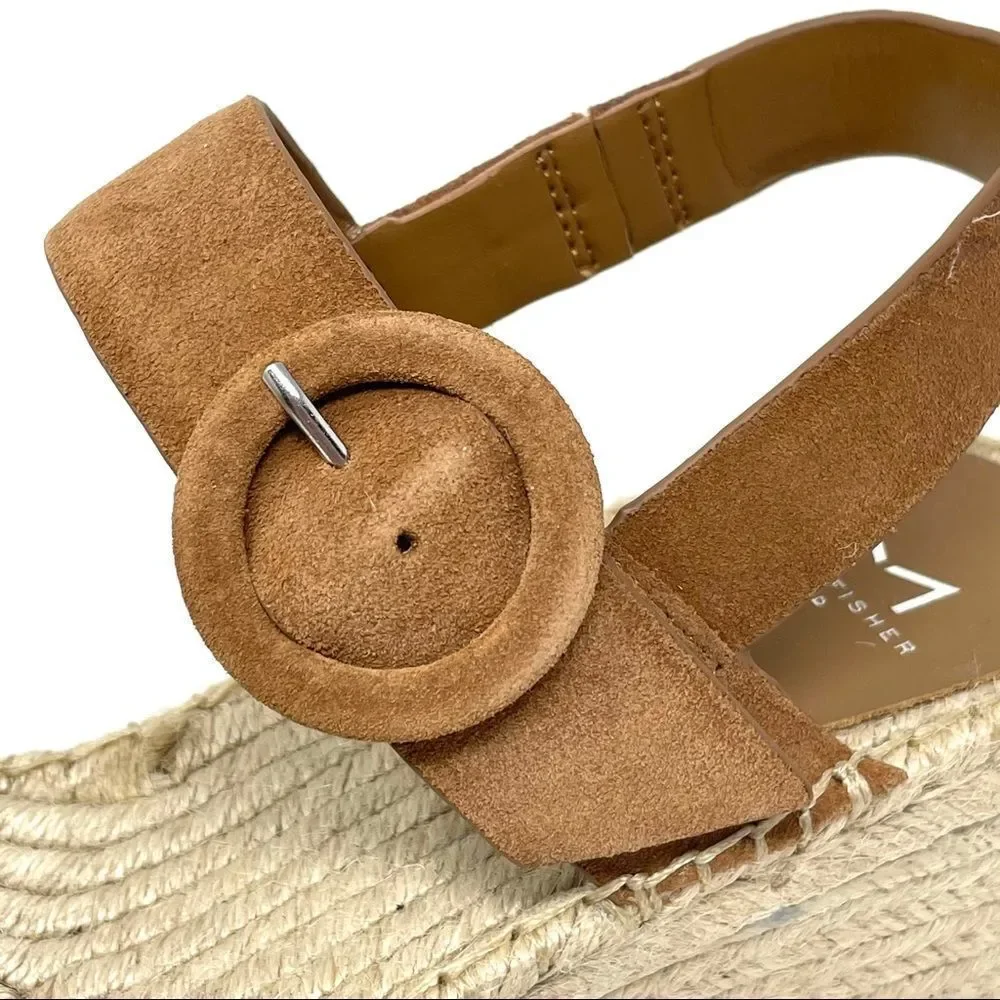 Marc Fisher LTD Rex Suede Platform Wedge Espadrille Sandals Tan Peep Toe 10 NIB